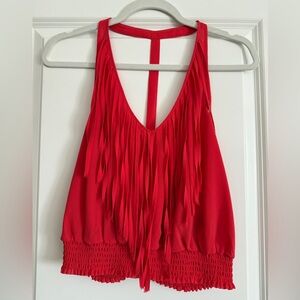 Bebe Red Fringe Racerback Halter Top Size Small